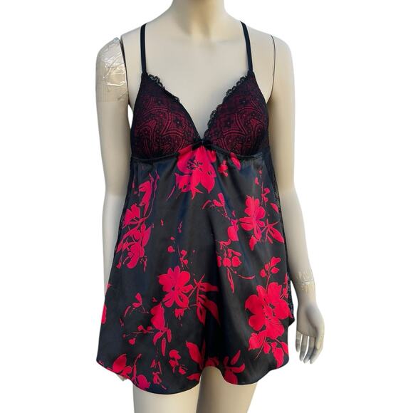 Linea Donatella Size XL Black Red Floral Lace Satin V-Neck Sleeveless Nightgown - Picture 1 of 8